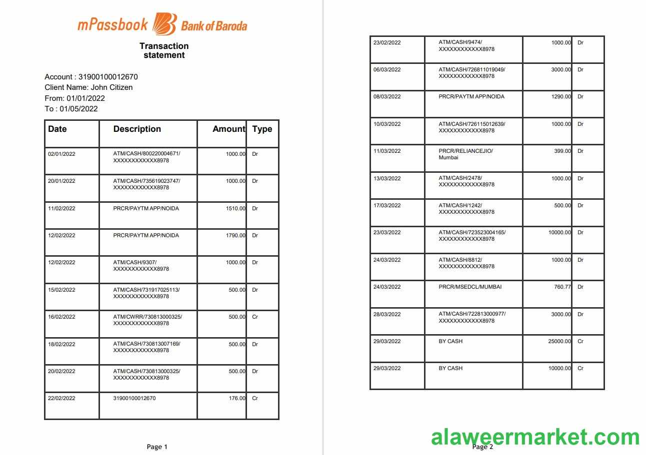 India Bank of Baroda mPassbook bank transaction statement, 4 pages
